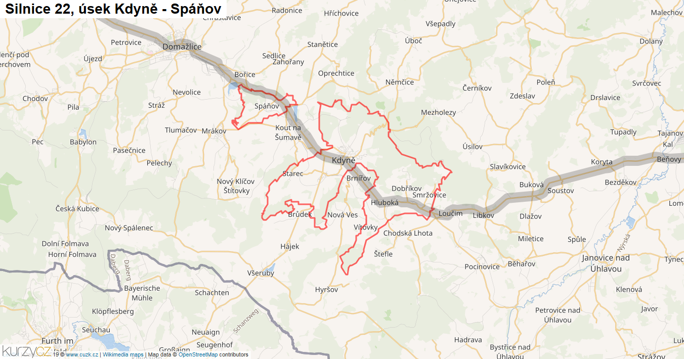 Úsek Kdyně - Spáňov, Silnice 22 - Mapa