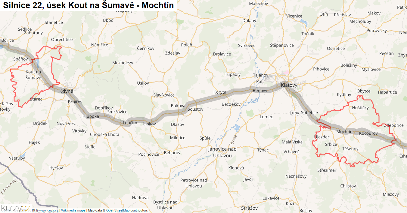 Úsek Kout na Šumavě - Mochtín, Silnice 22 - Mapa