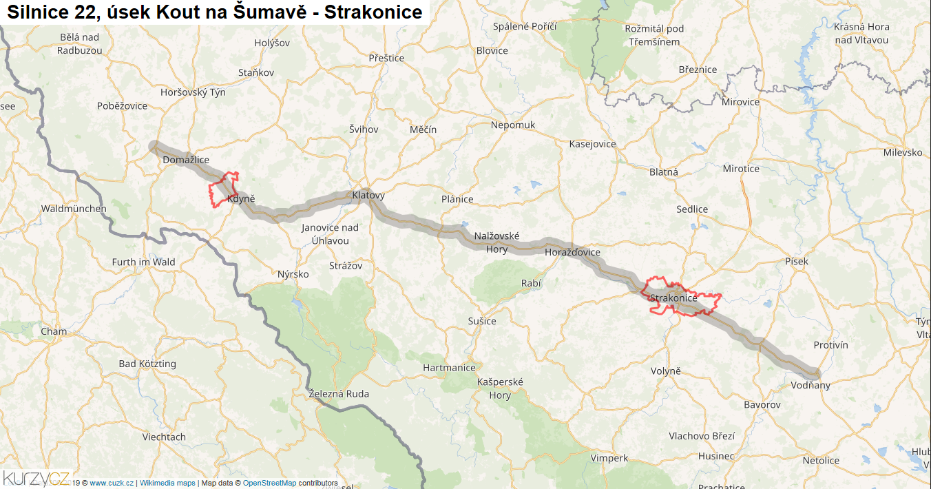 Úsek Kout na Šumavě - Strakonice, Silnice 22 - Mapa