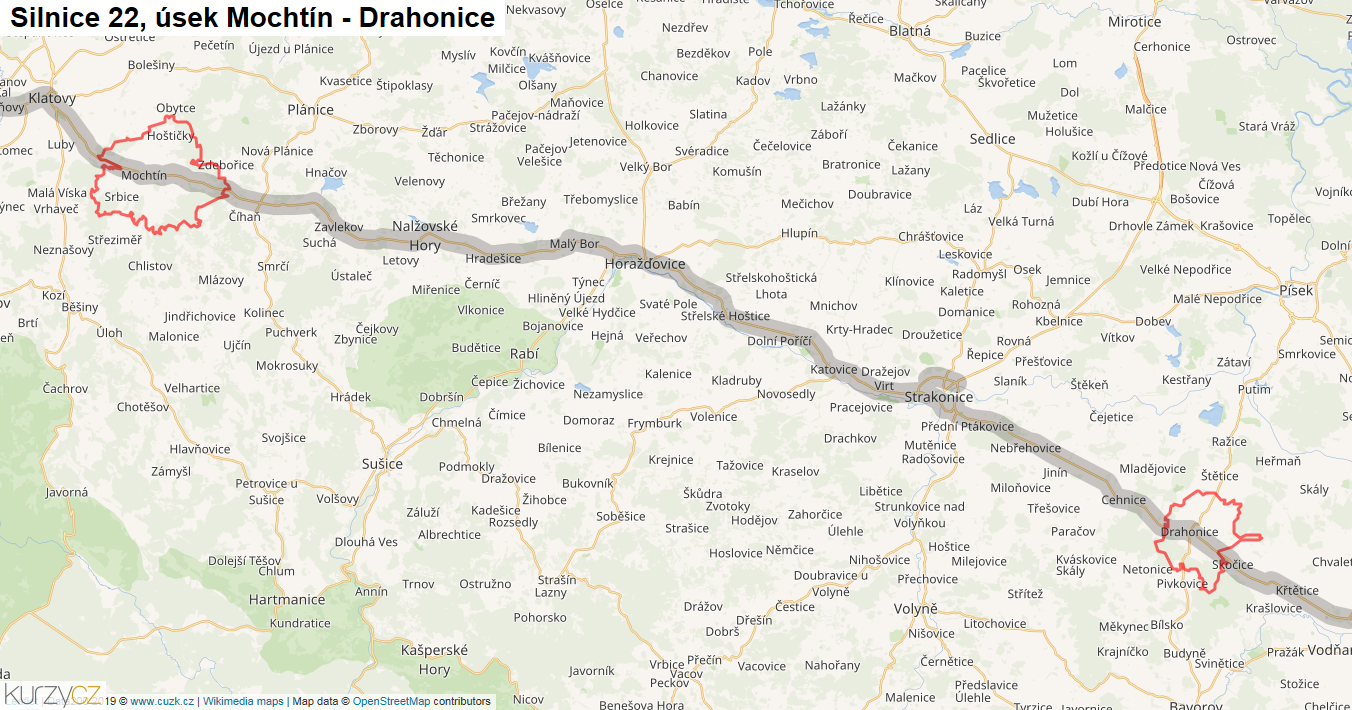 Úsek Mochtín - Drahonice, Silnice 22 - Mapa