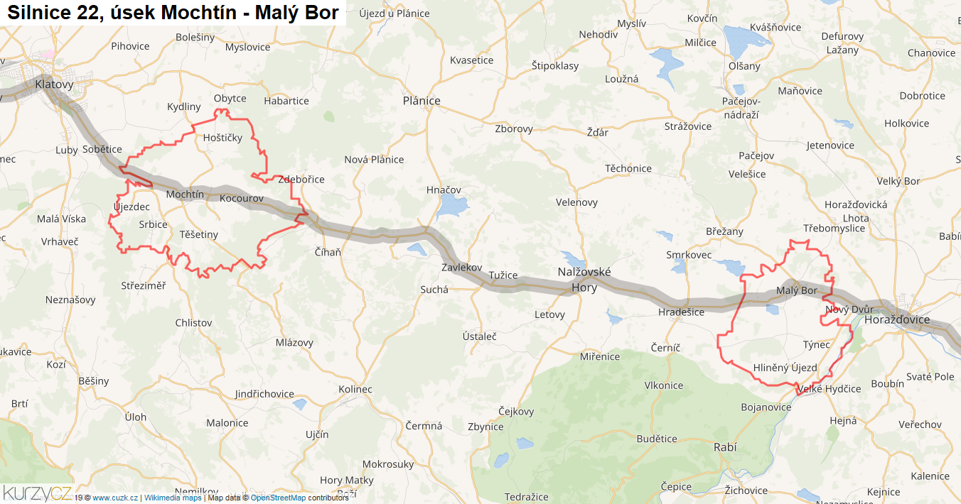 Úsek Mochtín - Malý Bor, Silnice 22 - Mapa