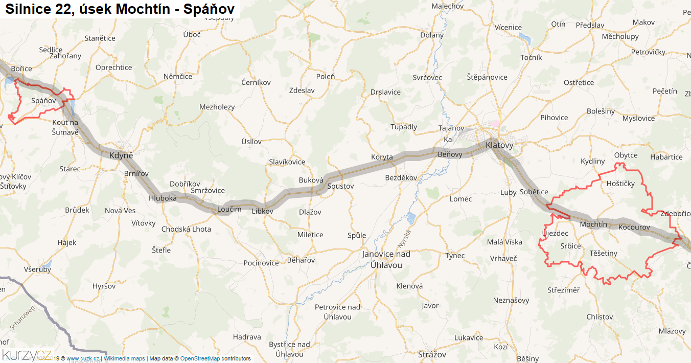 Úsek Mochtín - Spáňov, Silnice 22 - Mapa