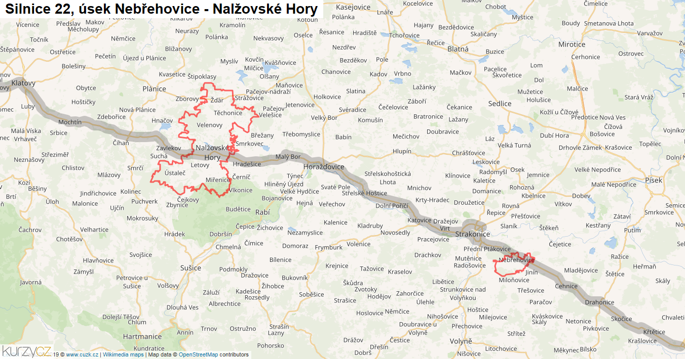 Úsek Nebřehovice - Nalžovské Hory, Silnice 22 - Mapa
