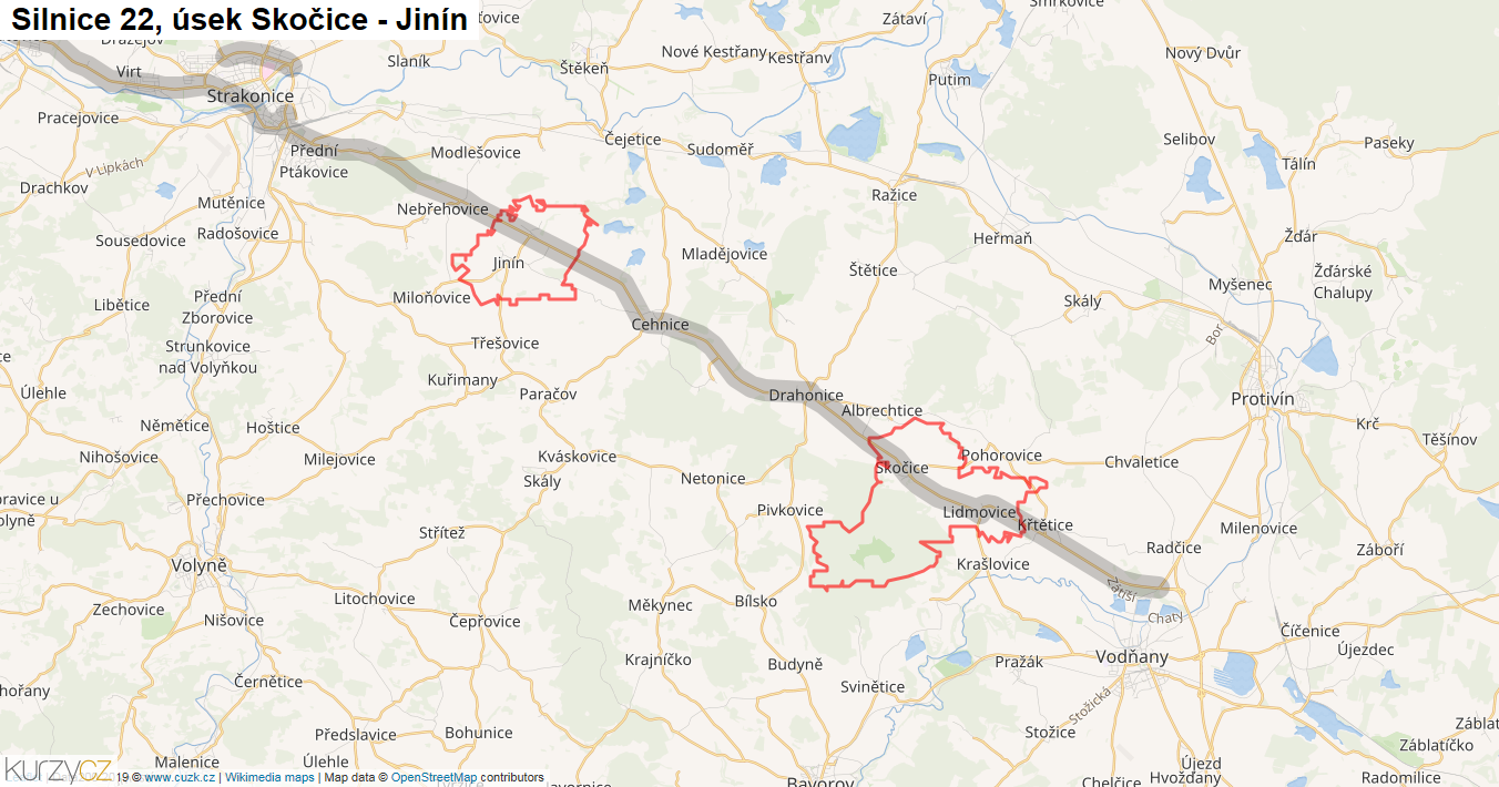 Úsek Skočice - Jinín, Silnice 22 - Mapa