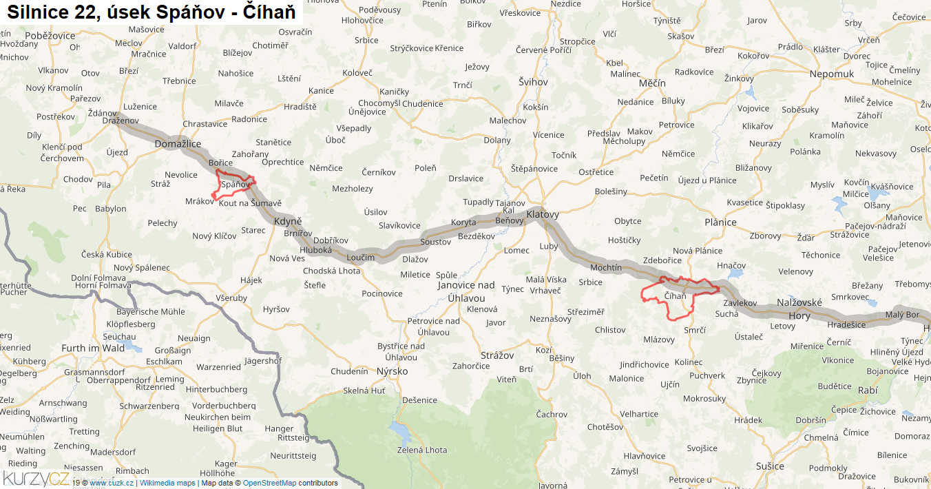 Úsek Spáňov - Číhaň, Silnice 22 - Mapa