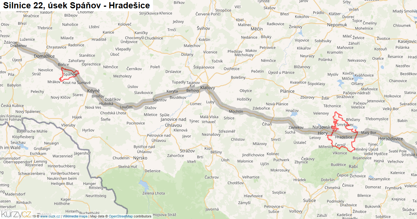 Úsek Spáňov - Hradešice, Silnice 22 - Mapa