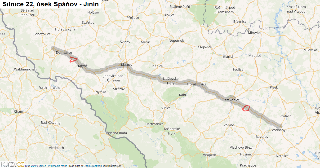 Úsek Spáňov - Jinín, Silnice 22 - Mapa