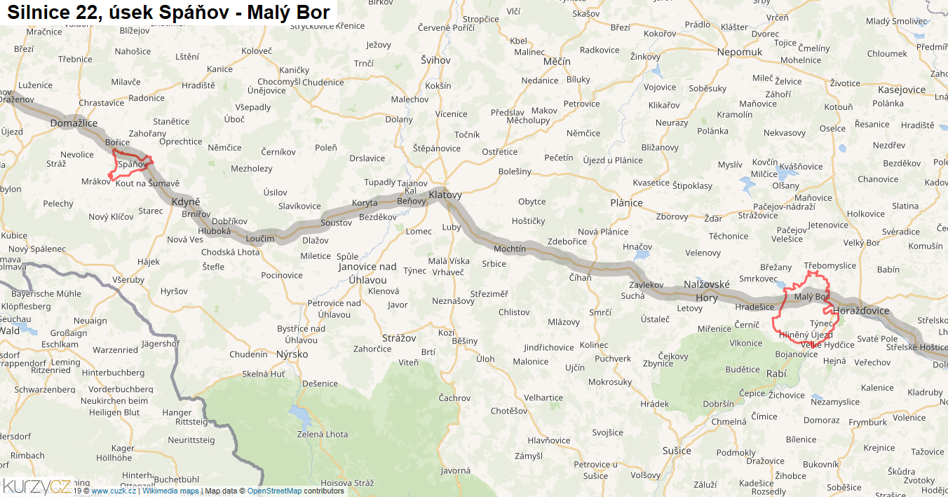 Úsek Spáňov - Malý Bor, Silnice 22 - Mapa