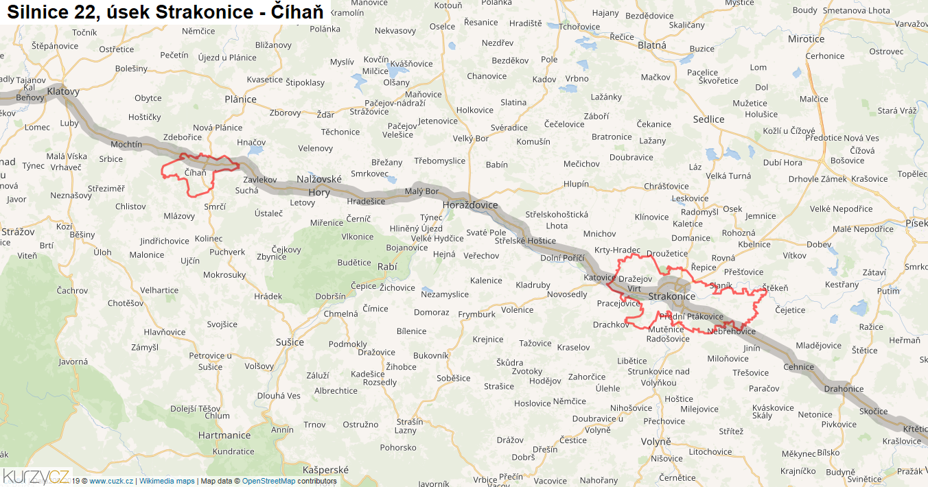 Úsek Strakonice - Číhaň, Silnice 22 - Mapa
