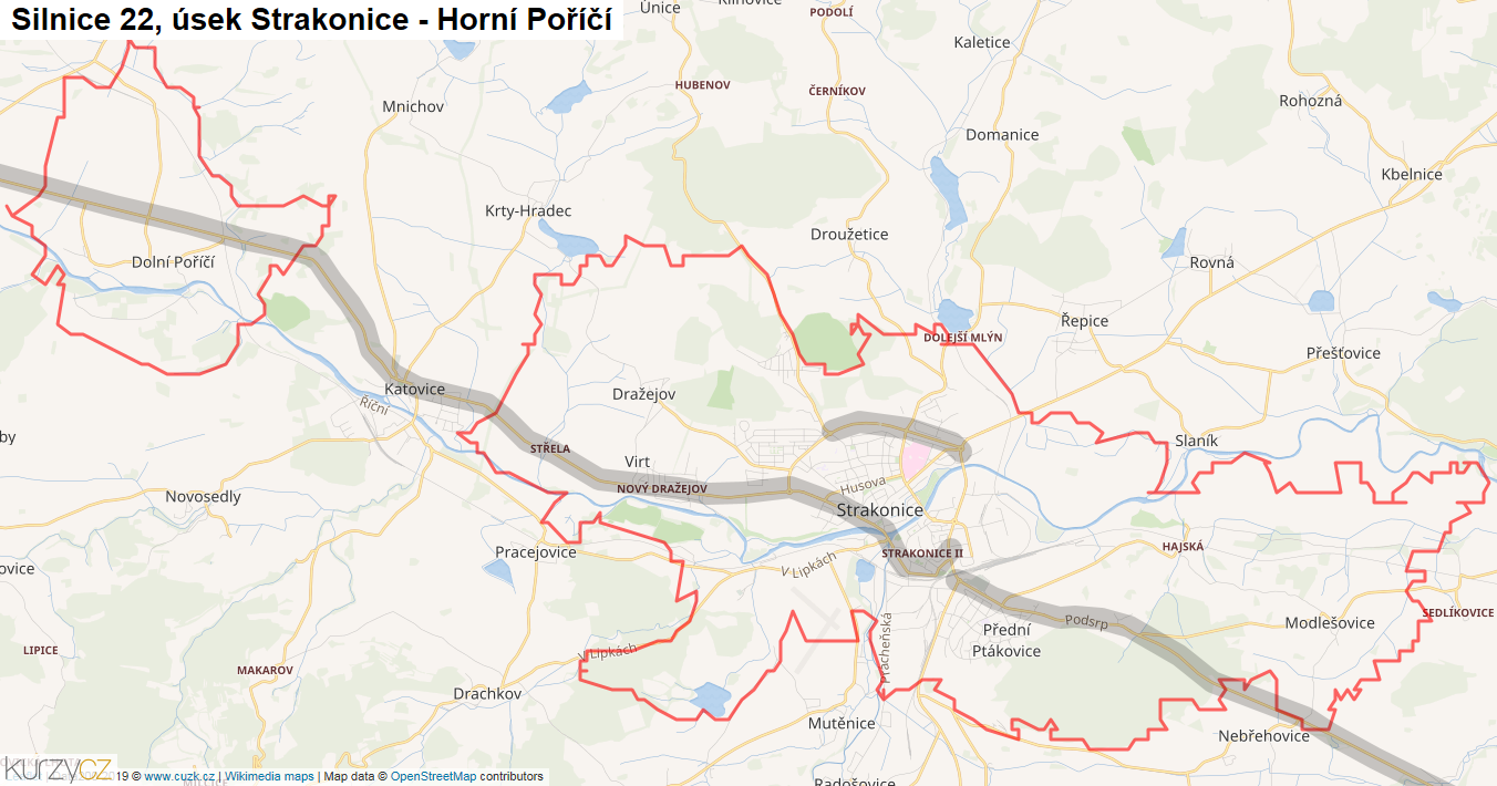 Úsek Strakonice - Horní Poříčí, Silnice 22 - Mapa