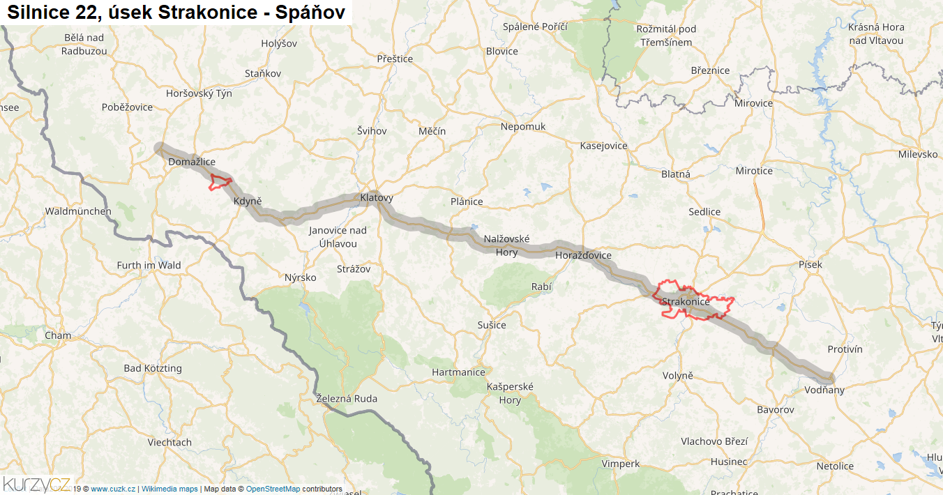 Úsek Strakonice - Spáňov, Silnice 22 - Mapa
