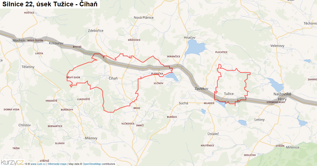 Úsek Tužice - Číhaň, Silnice 22 - Mapa