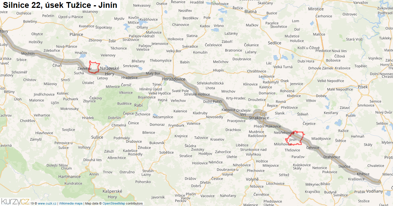 Úsek Tužice - Jinín, Silnice 22 - Mapa