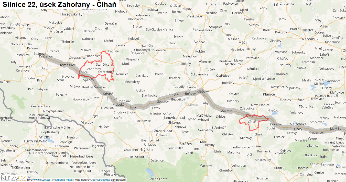 Úsek Zahořany - Číhaň, Silnice 22 - Mapa