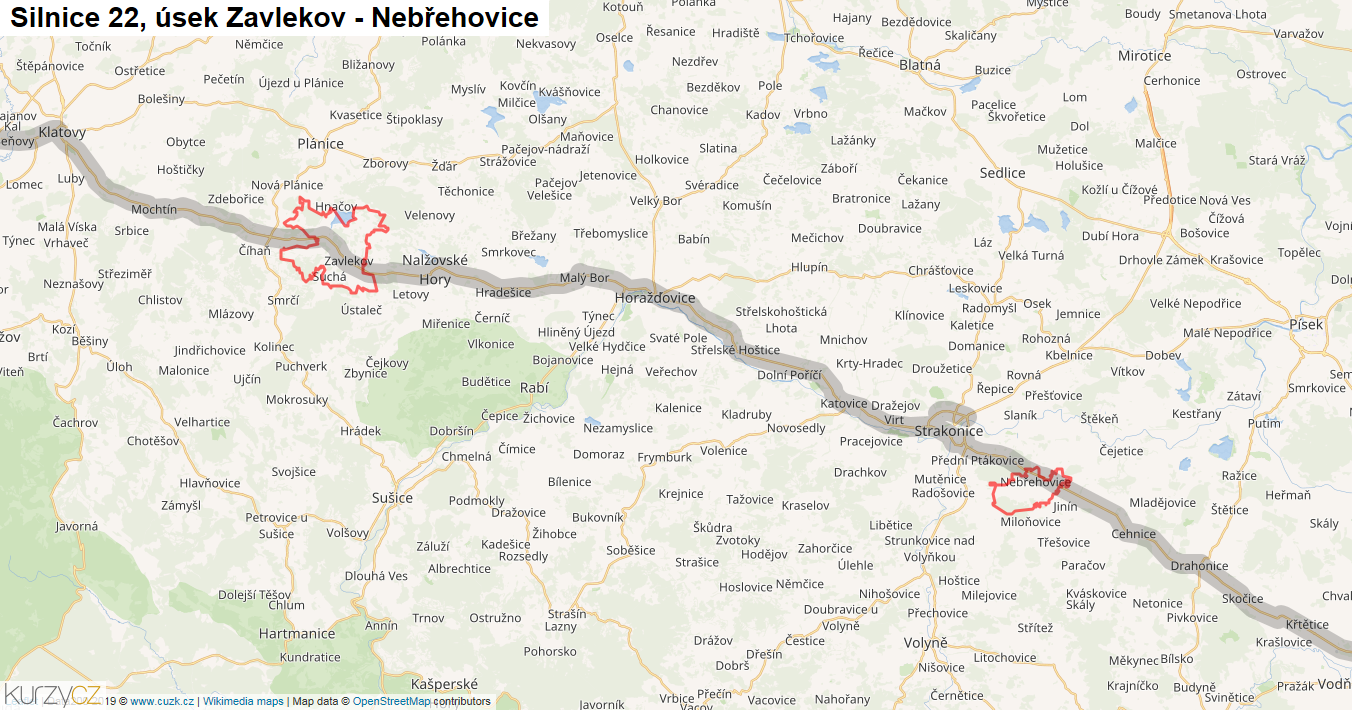 Úsek Zavlekov - Nebřehovice, Silnice 22 - Mapa