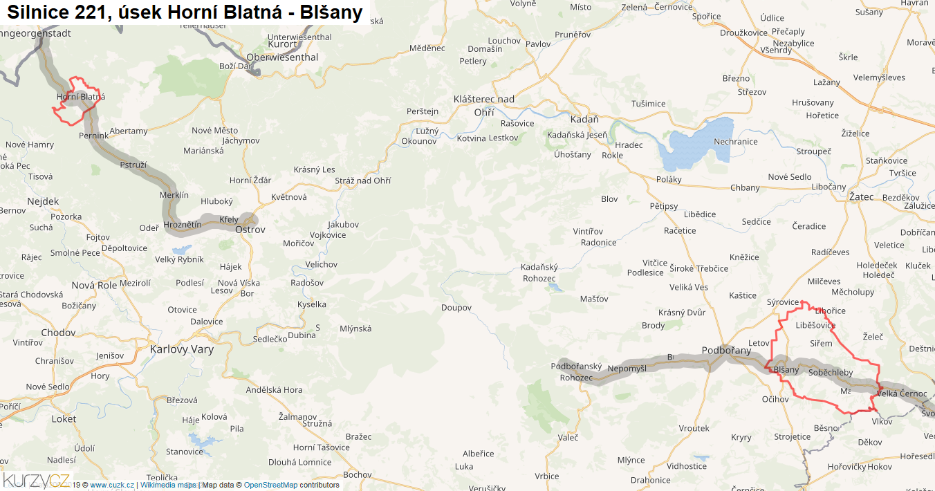 Úsek Horní Blatná - Blšany, Silnice 221 - Mapa