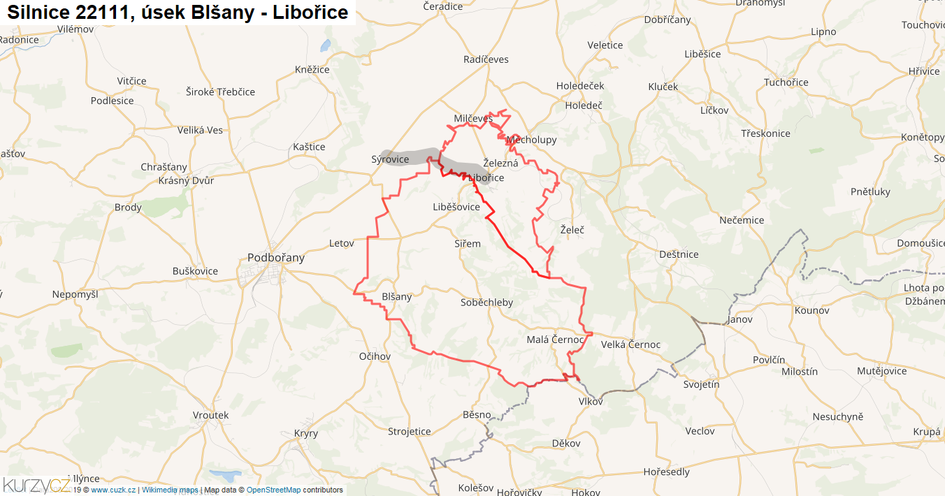 Úsek Blšany - Libořice, Silnice 22111 - Mapa