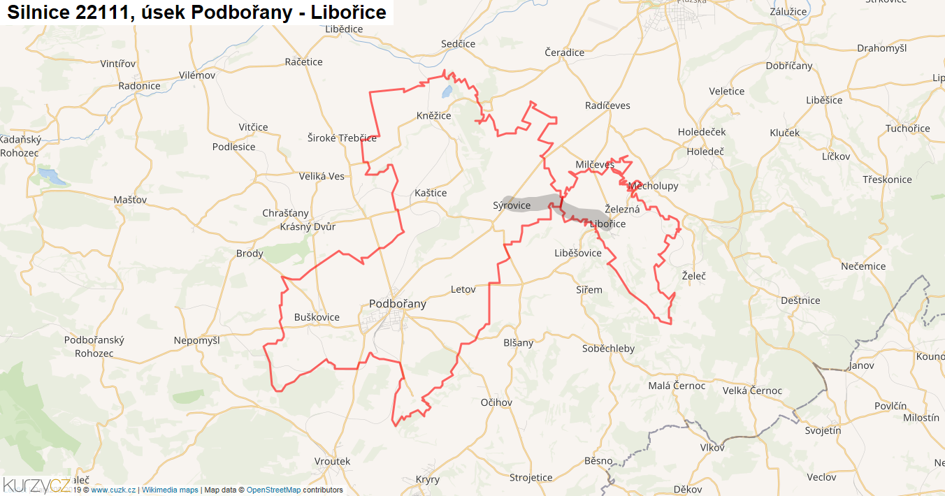 Úsek Podbořany - Libořice, Silnice 22111 - Mapa