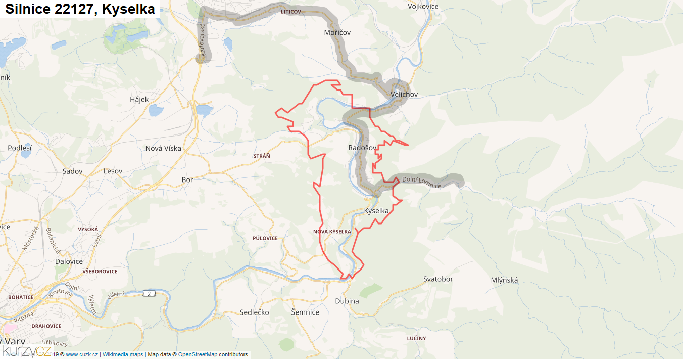 Kyselka, Silnice 22127 - Mapa