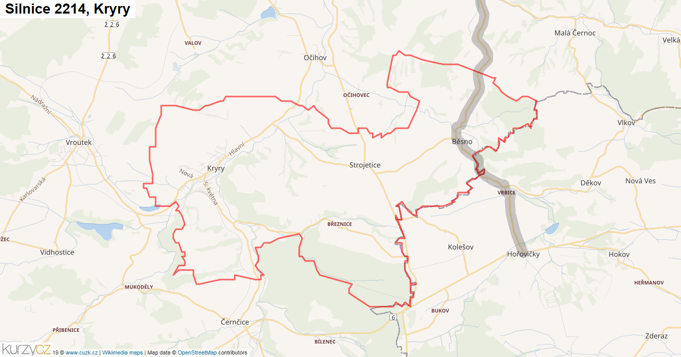 Kryry, Silnice 2214 - Mapa