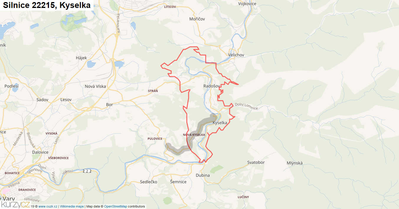 Kyselka, Silnice 22215 - Mapa