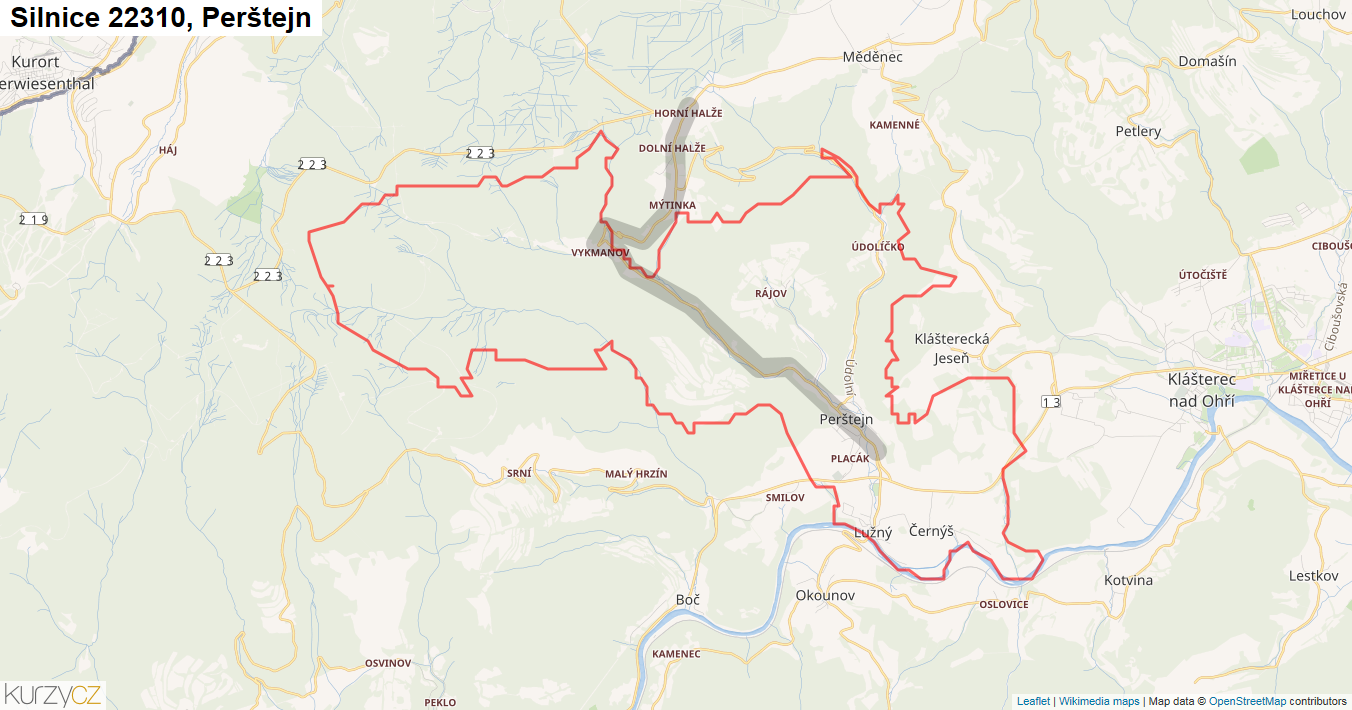 Perštejn, Silnice 22310 - Mapa