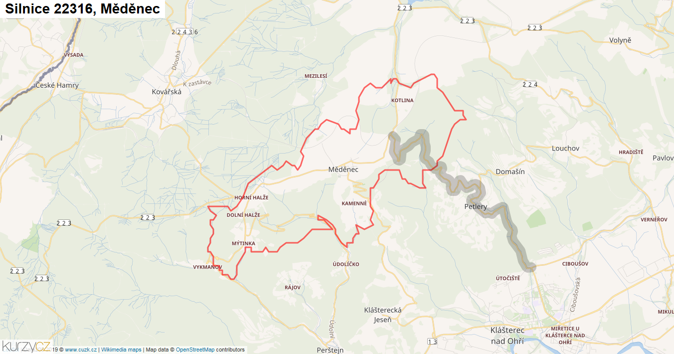 Měděnec, Silnice 22316 - Mapa