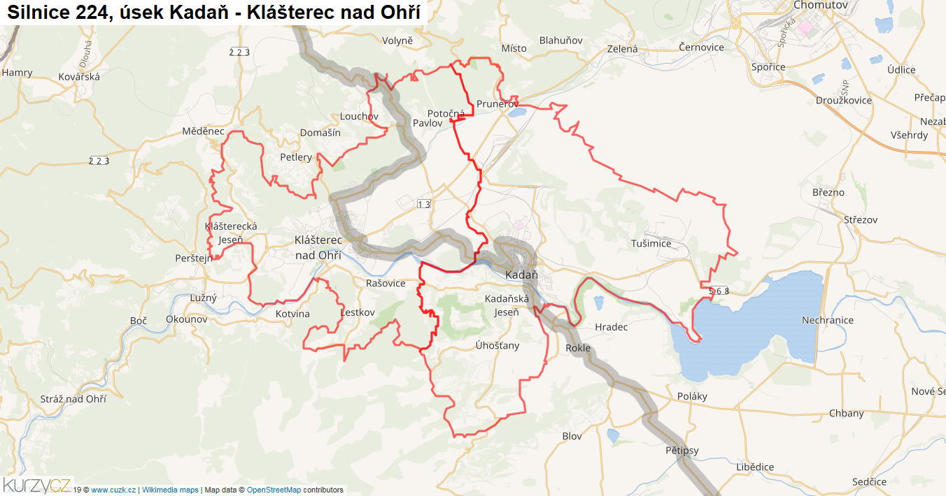 Úsek Kadaň - Klášterec nad Ohří, Silnice 224 - Mapa