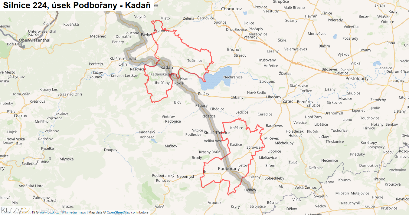Úsek Podbořany - Kadaň, Silnice 224 - Mapa