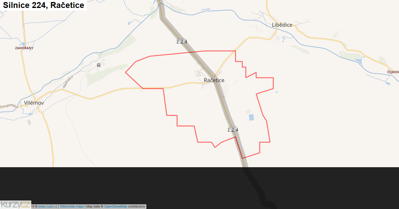 Račetice, Silnice 224 - Mapa