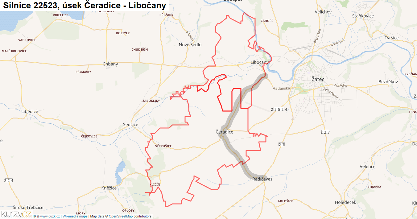 Úsek Čeradice - Libočany, Silnice 22523 - Mapa
