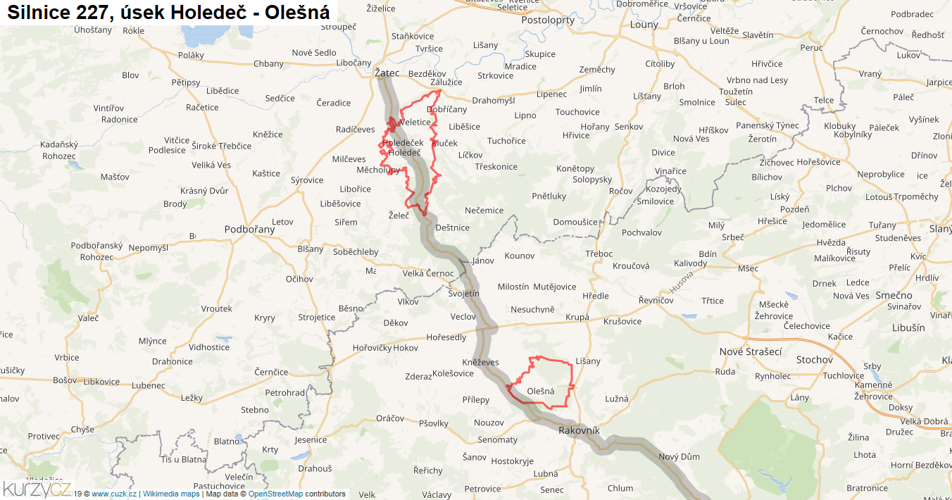 Úsek Holedeč - Olešná, Silnice 227 - Mapa