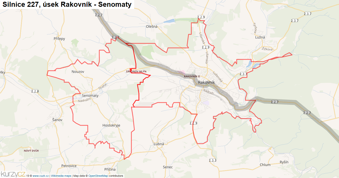Úsek Rakovník - Senomaty, Silnice 227 - Mapa