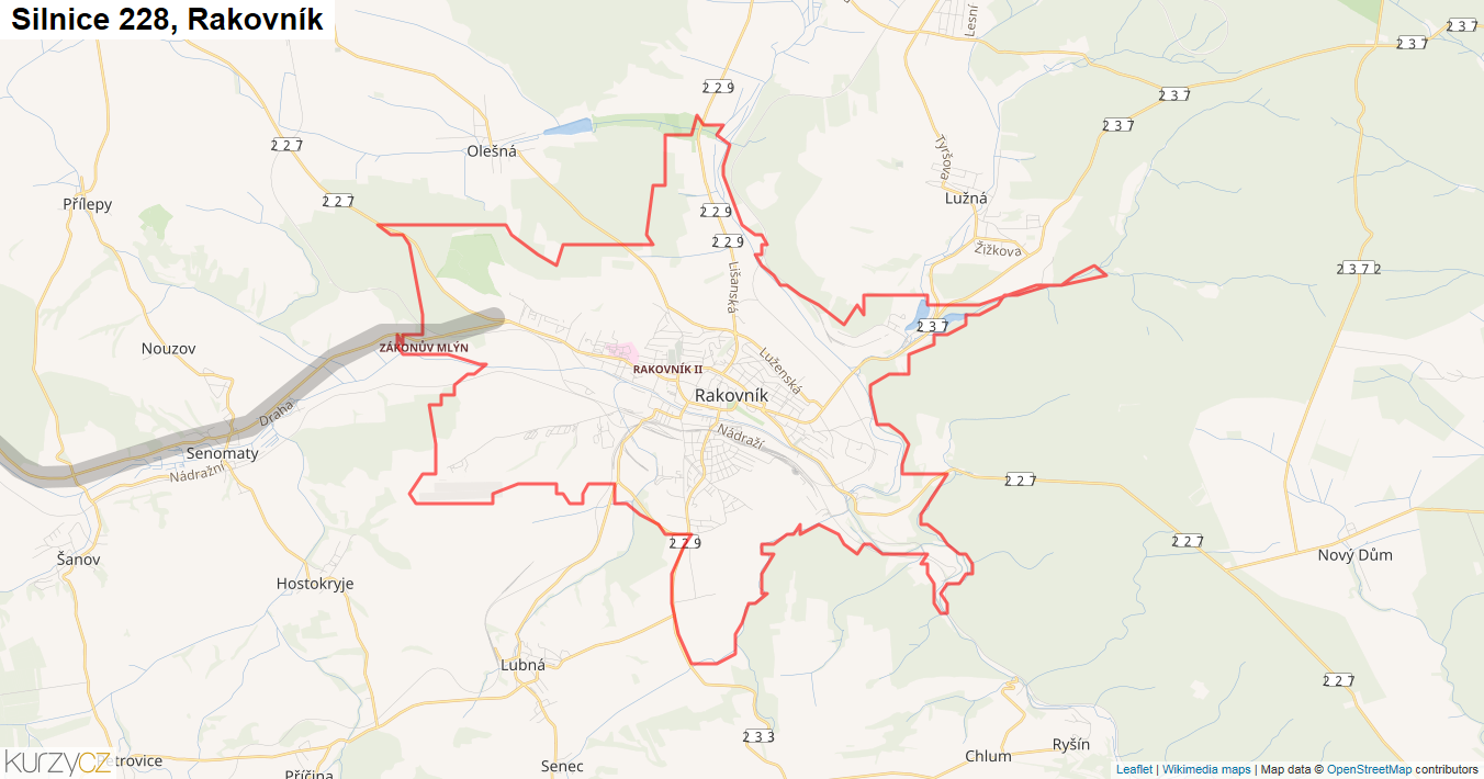 Rakovník, Silnice 228 - Mapa