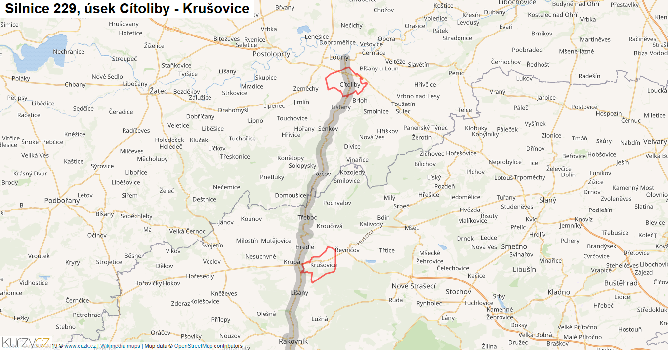Úsek Cítoliby - Krušovice, Silnice 229 - Mapa