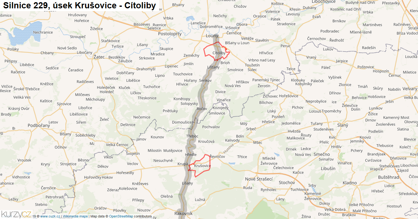 Úsek Krušovice - Cítoliby, Silnice 229 - Mapa