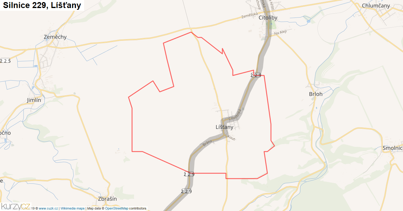 Líšťany, Silnice 229 - Mapa