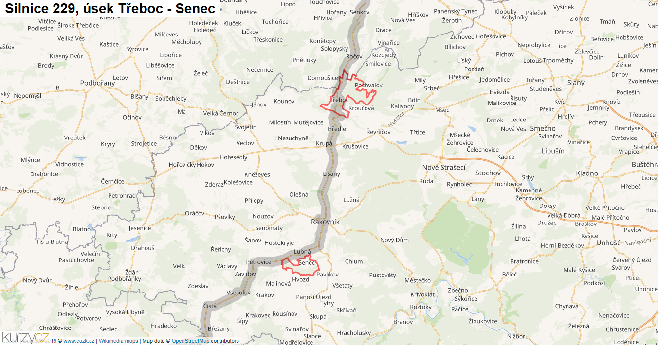 Úsek Třeboc - Senec, Silnice 229 - Mapa