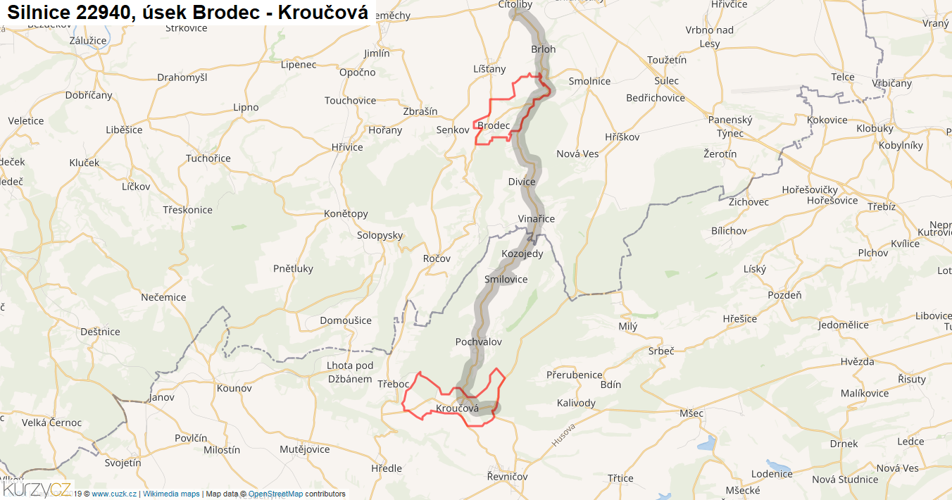 Úsek Brodec - Kroučová, Silnice 22940 - Mapa
