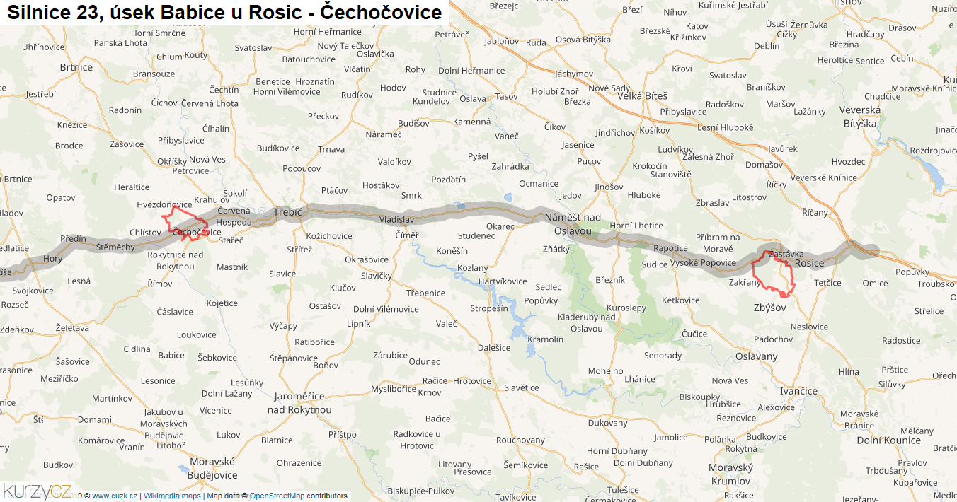 Úsek Babice u Rosic - Čechočovice, Silnice 23 - Mapa