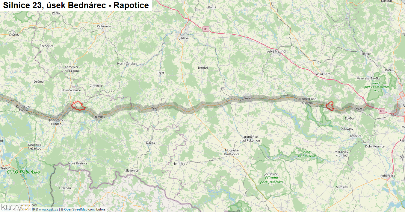 Úsek Bednárec - Rapotice, Silnice 23 - Mapa