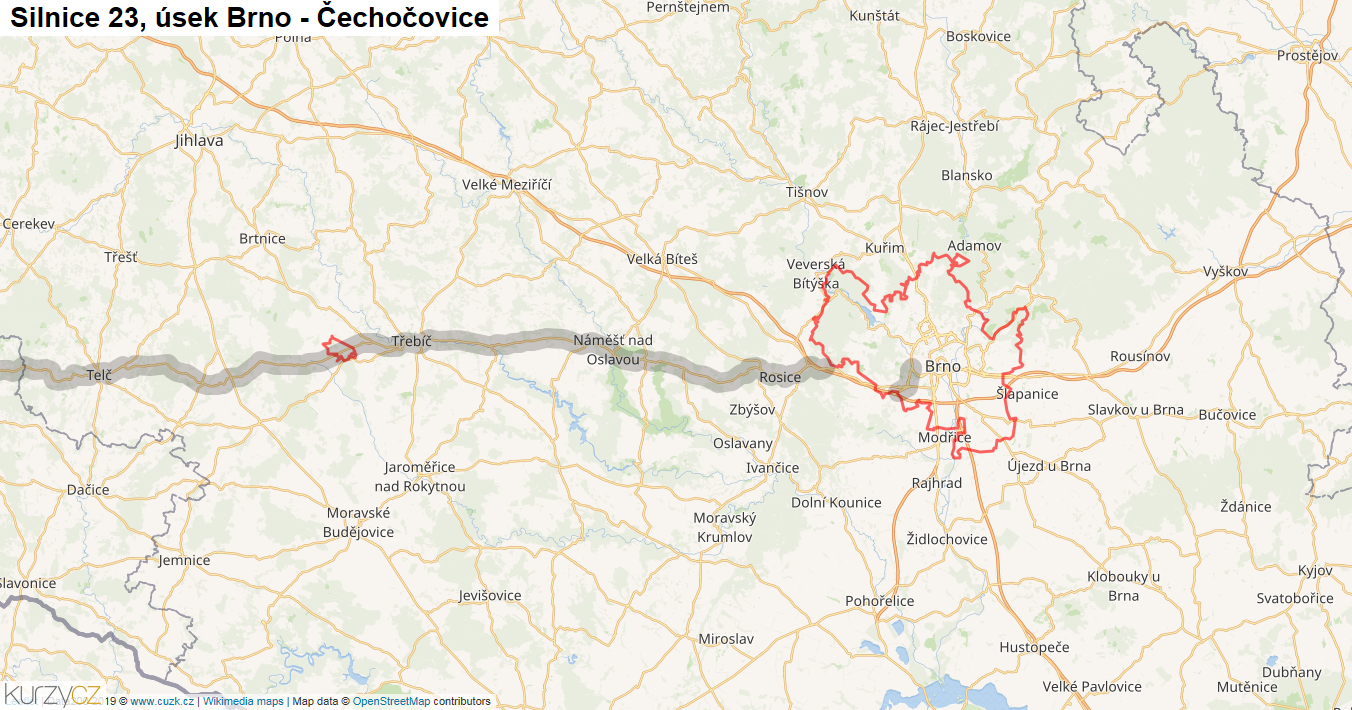 Úsek Brno - Čechočovice, Silnice 23 - Mapa