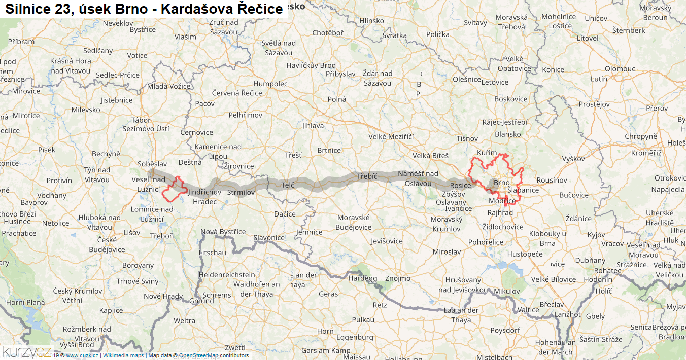 Úsek Brno - Kardašova Řečice, Silnice 23 - Mapa