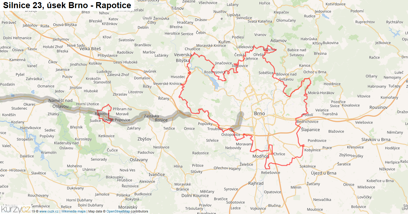 Úsek Brno - Rapotice, Silnice 23 - Mapa