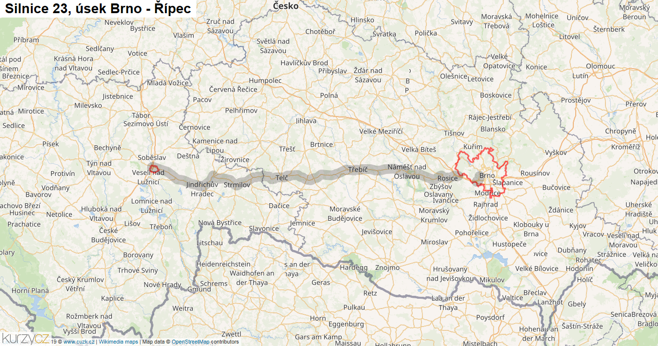 Úsek Brno - Řípec, Silnice 23 - Mapa