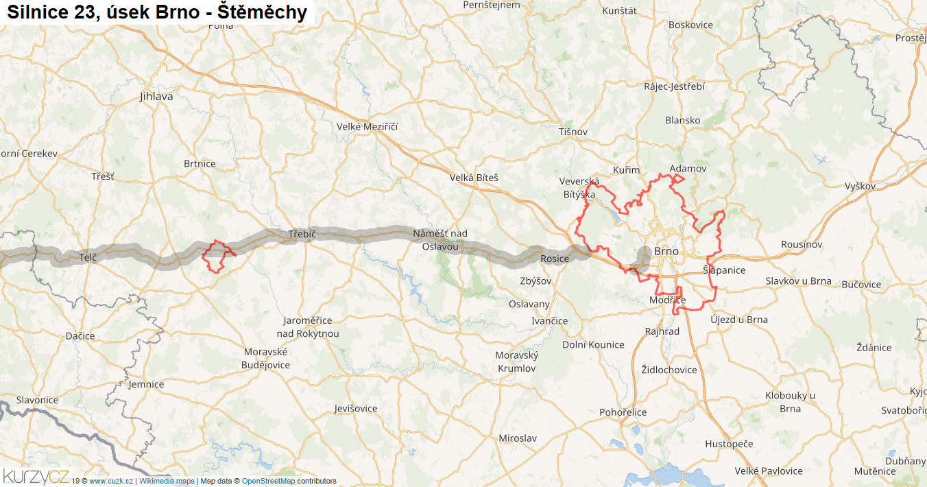 Úsek Brno - Štěměchy, Silnice 23 - Mapa