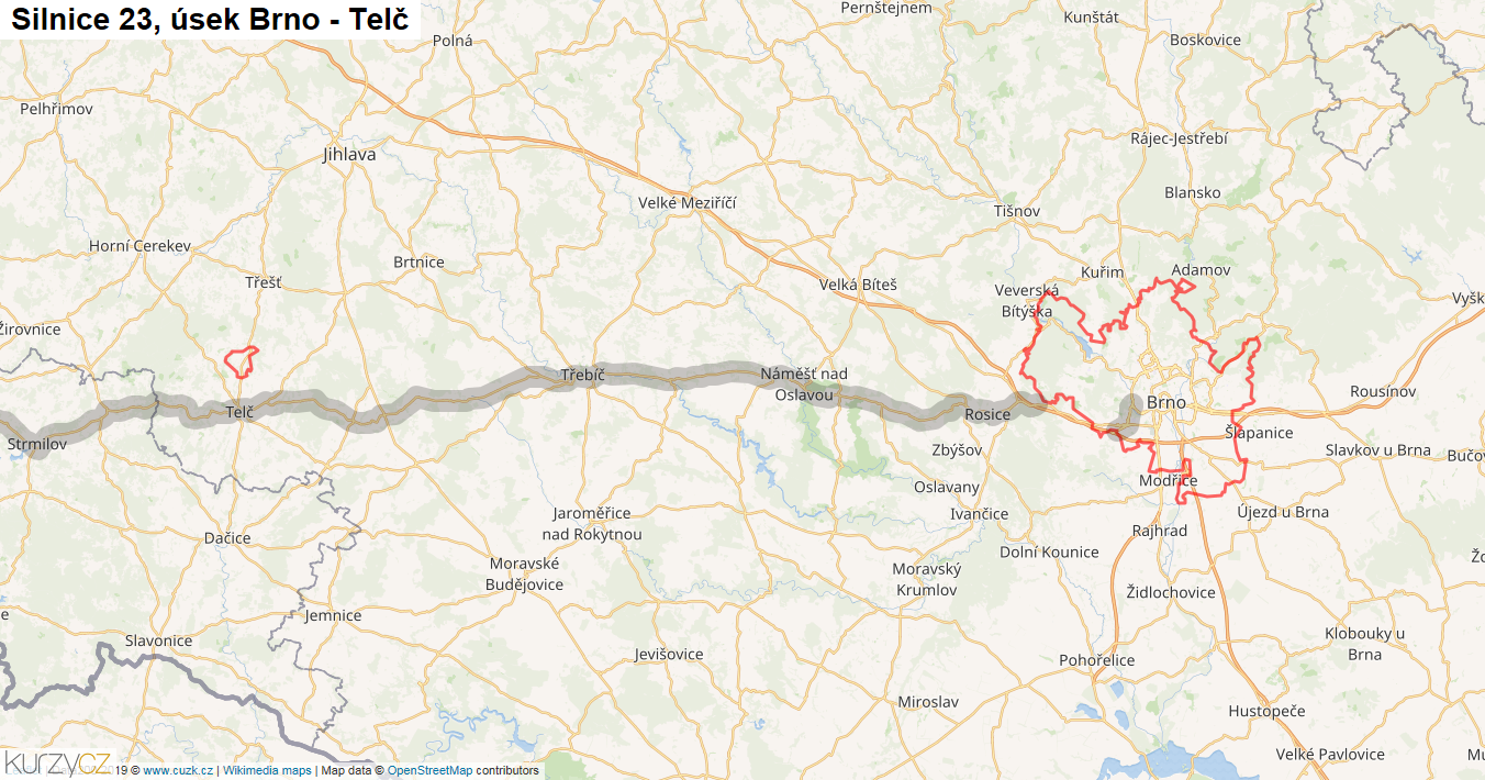Úsek Brno - Telč, Silnice 23 - Mapa