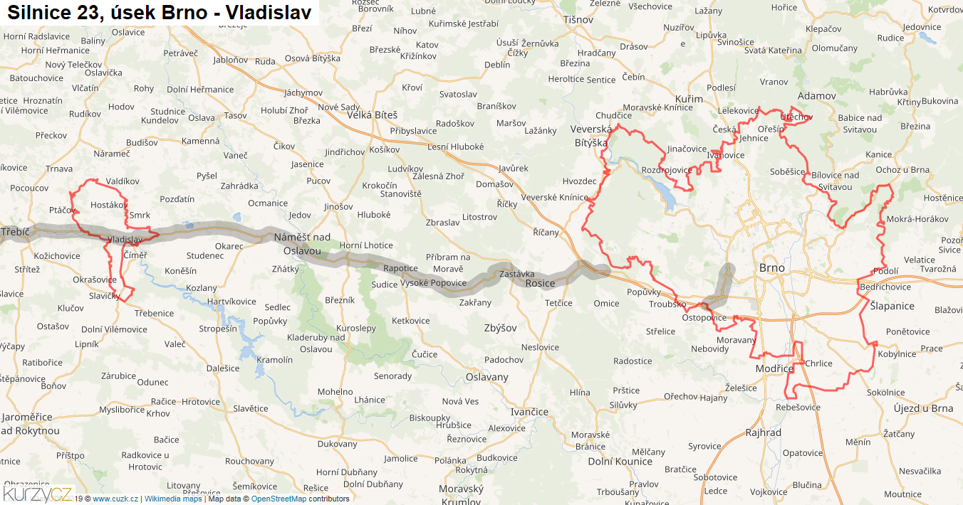 Úsek Brno - Vladislav, Silnice 23 - Mapa