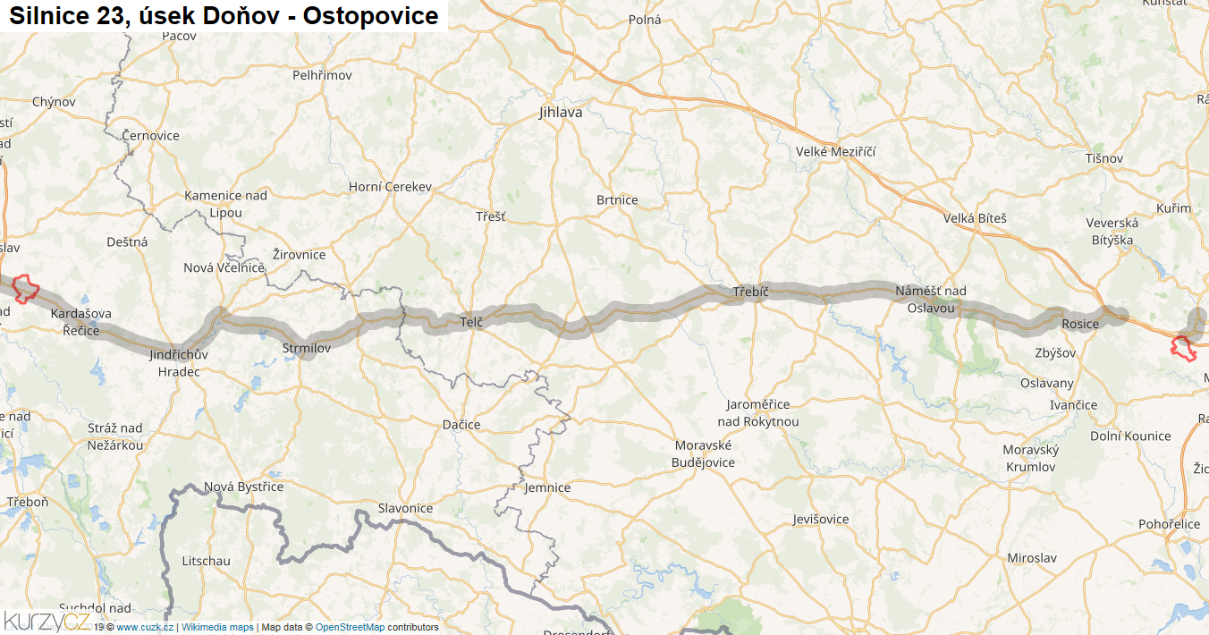 Úsek Doňov - Ostopovice, Silnice 23 - Mapa