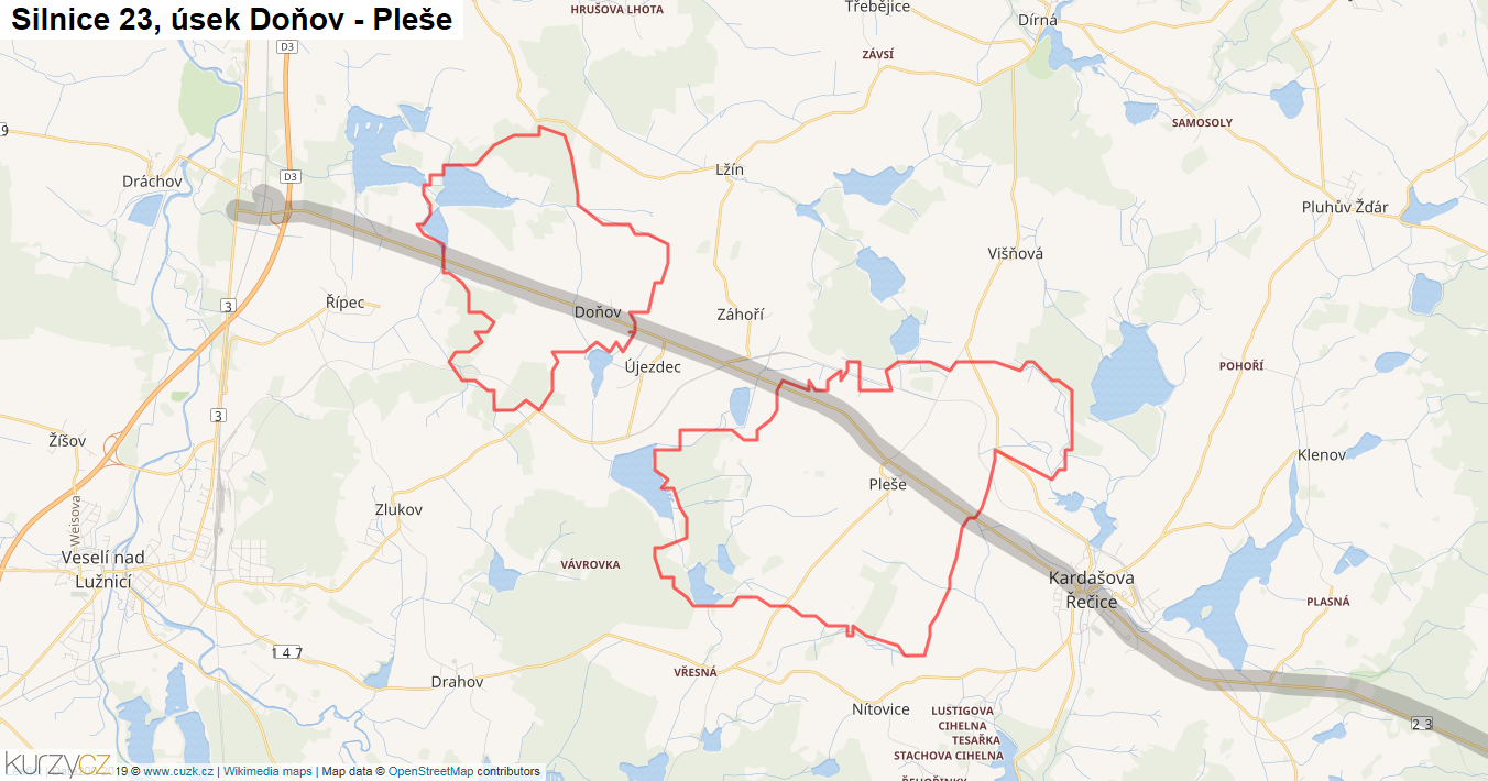 Úsek Doňov - Pleše, Silnice 23 - Mapa